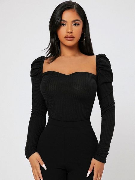 

petite sweetheart neck puff sleeve tee d7p3#, White