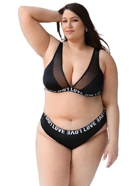 

plus letter graphic contrast mesh wireless lingerie set a5xj#, Black;white