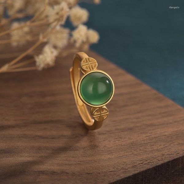 Eheringe Vintage-Stil Gold für Frauen Eingelegte grüne natürliche Jadeperlen Grübchen China Schmuck Öffnung Verstellbarer Ring Geschenke 2022 Rita22