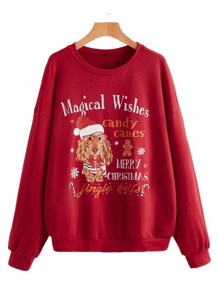

christmas print drop shoulder sweatshirt 42pb#, Black
