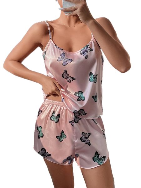 

butterfly print satin pj set j0h2#, Black;red