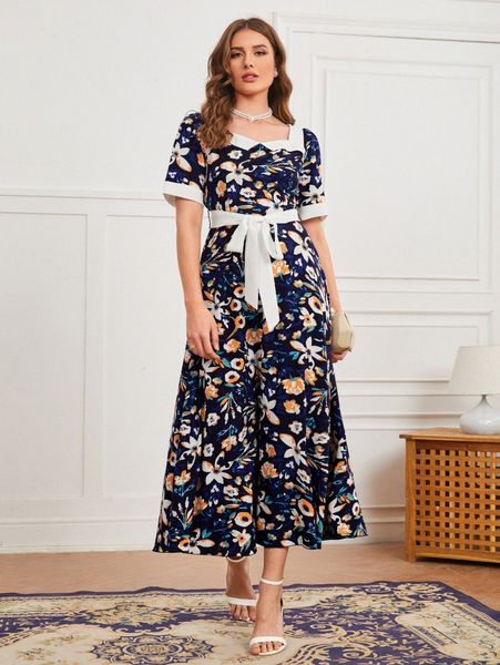 

floral print sweetheart neck puff sleeve belted dress d1a1#, Black;gray