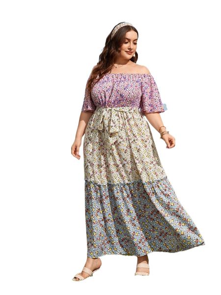 

plus 1 pc ditsy floral off shoulder self belted dress z1wr#, Black