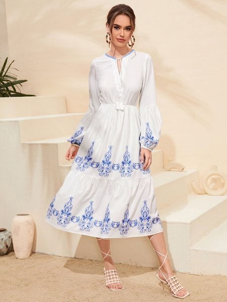 

damask print tassel tie neck lantern sleeve dress v0l9#, Black;gray