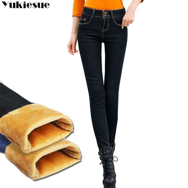 

winter thick elastic warm jeans woman plus size fleece denim pants women blue big size cowboy pencil velvet trousers female 210412