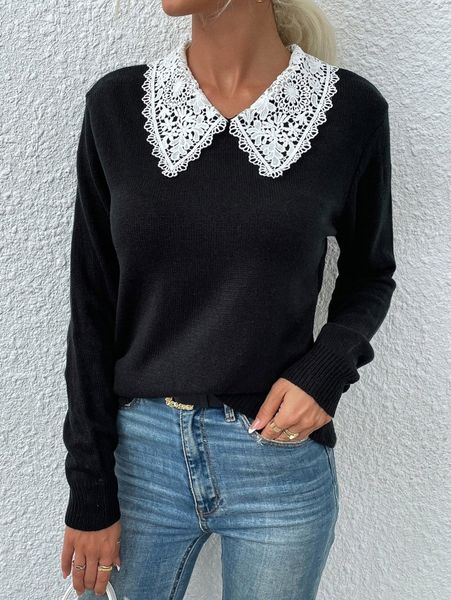 

contrast lace collar sweater t1jd#, White;black