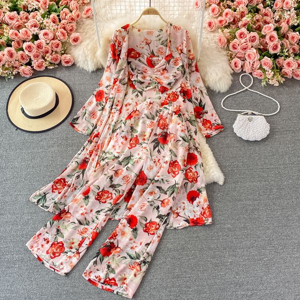 

bohemian women two piece dress 3 pieces set female elegant long cardigans + strapless camis + wide leg pants chiffon suits new spring fall 2, White