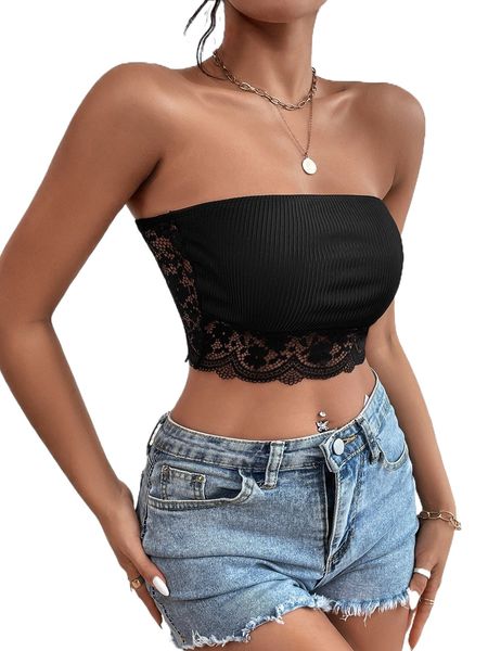 

floral embroidery lace contrast crop tube b1zk#, White