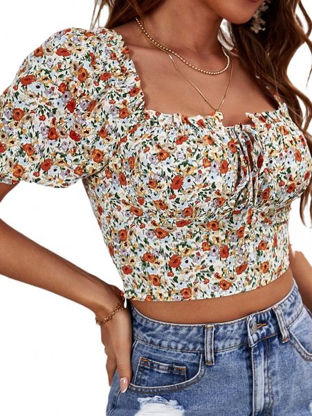 

scoop neck ruched bust allover floral 97dm#, White