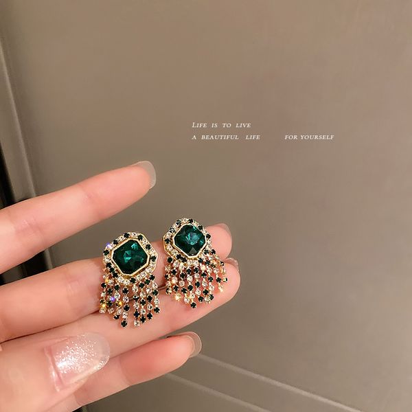 

925 silver needle korean design petite earrings mori style vintage crystal diamond tassel stud earrings elegance and creativity eardrop, Golden