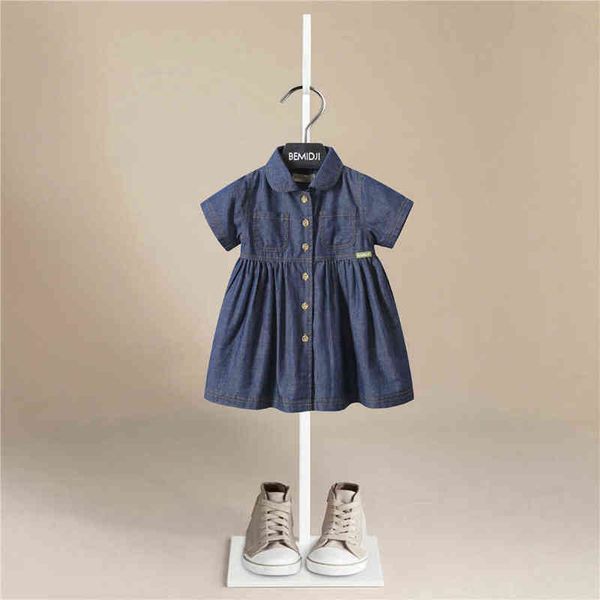 Novo garotas roupas meninas jeans mini vestido curto jean jean manga curta vestido de camisa de festa casual para crianças g220506