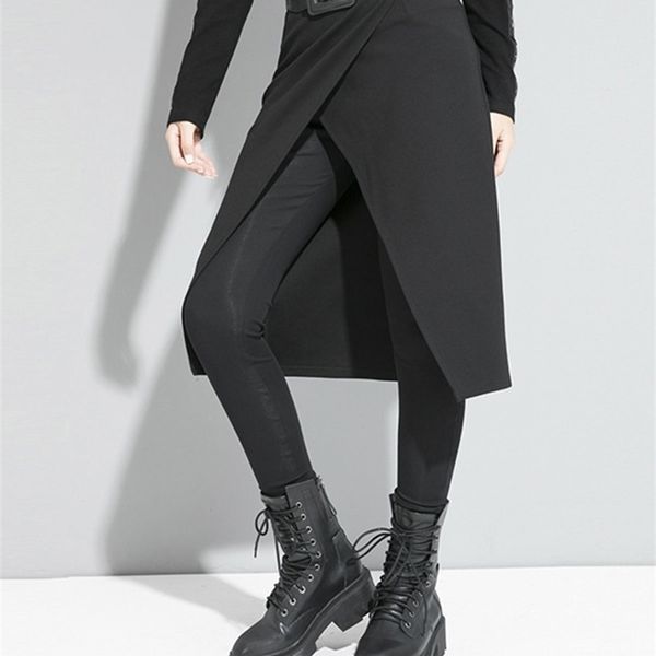 

[eam] high elastic waist black stitch long false two trousers loose fit pant fashion spring autumn 1s191 220325, Black;white