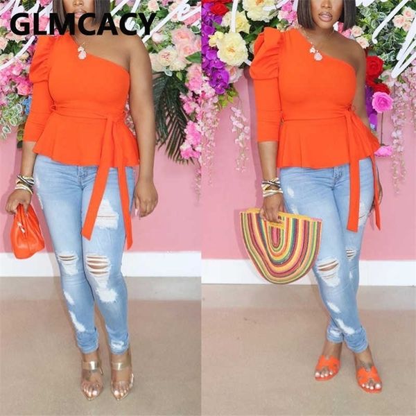 

women one shoulder puff sleeve belt t-shirt 210702, White