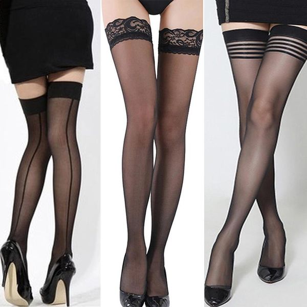 Socken Strumpfwomen Oberschenkel hoher Strumpf Heck vertikaler Linie sexy Mädchen Schwarze Haut Spitzenstrümpfe Sommerstile transparent lange Strümpfeso