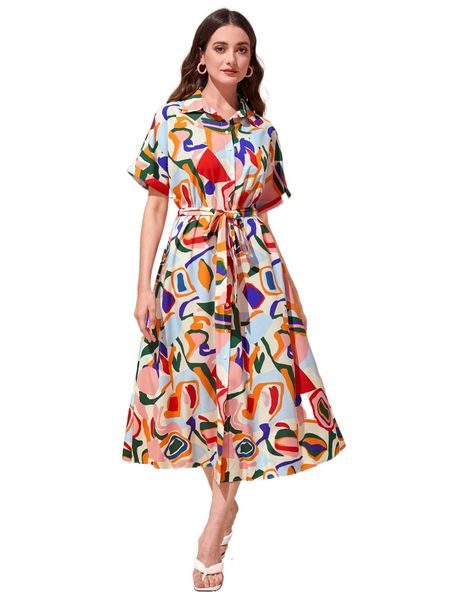 

modely allover print belted shirt dress l9no#, Black;gray