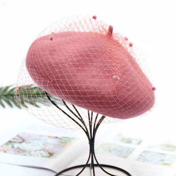 2020 Mulheres outono de inverno de lã boina boné vintage véu véu padrão pintor feminino ao ar livre chapéus elegantes capuz chapéu j220722