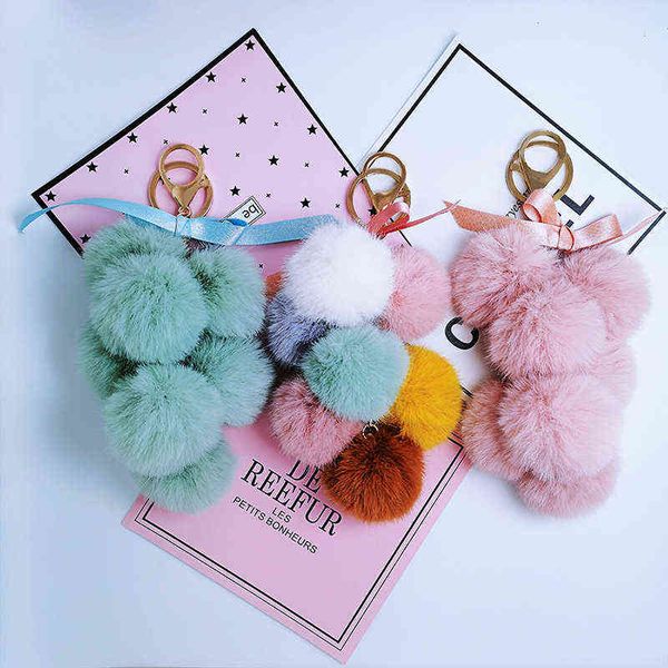 

1pc fruit ball key chain faux rabbit fur pompom grape keychain women bag pendant key ring keychain car decoration auto accesorios y220725, Silver