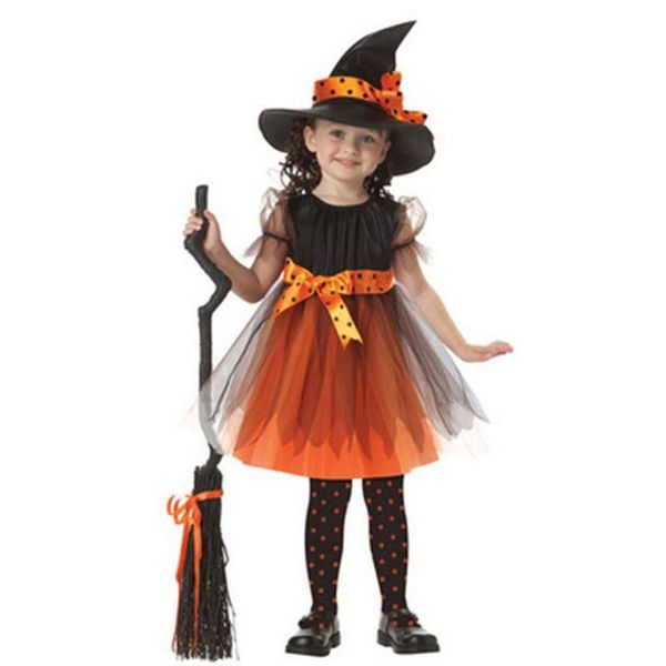 Ragazze Vestito Stampato Halloween La Strega Riproduce Il Costume Cosplay Dot Lace Mesh Abiti Firmati Per Bambini Abiti Con Cappello Magico