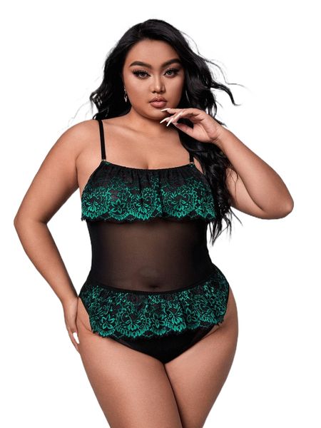 

plus contrast lace ruffle trim mesh teddy bodysuit x2uv#, Black;white