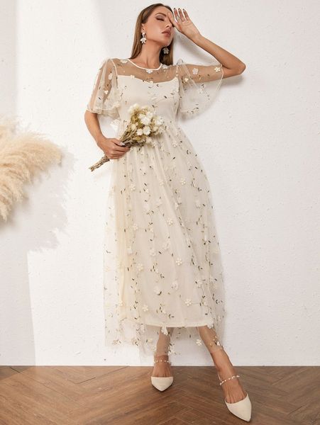 

butterfly sleeve embroidery mesh a-line dress q3ny#, Black;gray