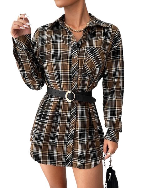 

plaid drop shoulder patched pocket coat without belt u5ee#, Black