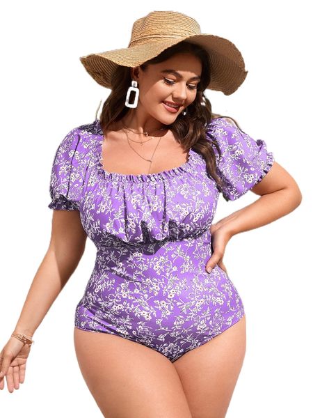 

plus floral frill trim one piece swimsuit w8je#, White;black