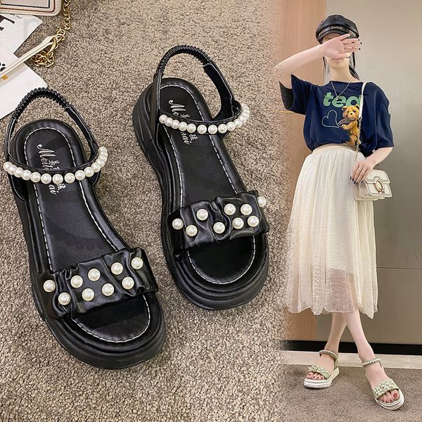 

sandals designer sandal lady summer 2022 new thick bottom fashion display sports fairy style muffin flat beach shoesapgu, Black