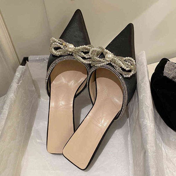 

slippers rhinestones stiletto high heels women summer 2022 butterfly knot pearl satin pointed toe slides luxury party prom shoes 220513, Black