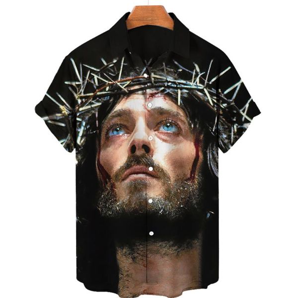 T-shirt da uomo Camicie hawaiane da uomo T-shirt con leone animale Stampa 3D Modello di Gesù Moda High Street Top allentato Abbigliamento StreetwearUomo