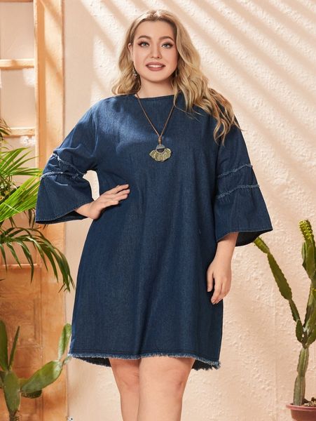 

plus raw trim flounce sleeve denim dress u7pl#, Black