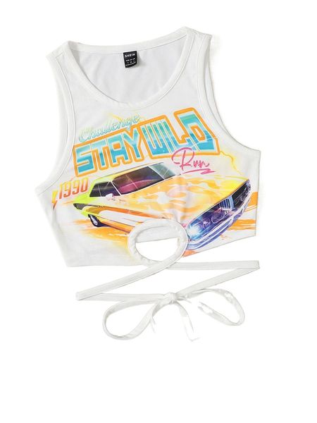 

letter graphic tie back crop tank x1ku#, White