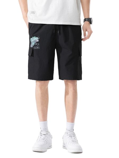 

men letter graphic flap pocket drawstring shorts p2pd#, White;black