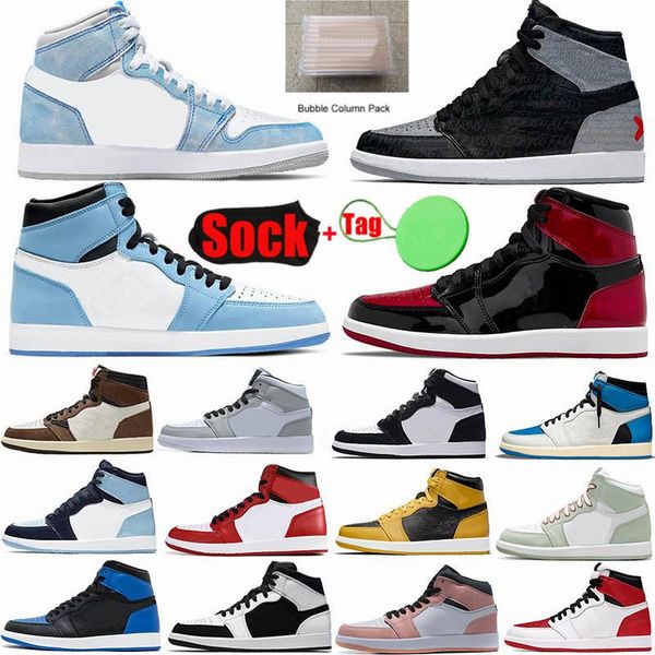 

newshoe 1 basketball shoes jumpman 1s heritage university blue royal patent bred atmosphere dark mocha georgetown unc twist men women sneake