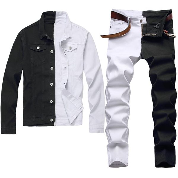 

fashion new tracksuits stitching two color men's sets autumn white and black denim jacket slim stretch jeans two-piece-set 267o, Gray
