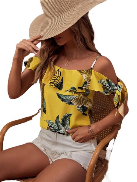 

tropical print cold shoulder knot cuff blouse r1tn#, White