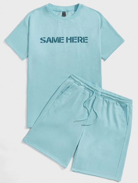 

men letter graphic tee and track shorts set a0tw#, Gray