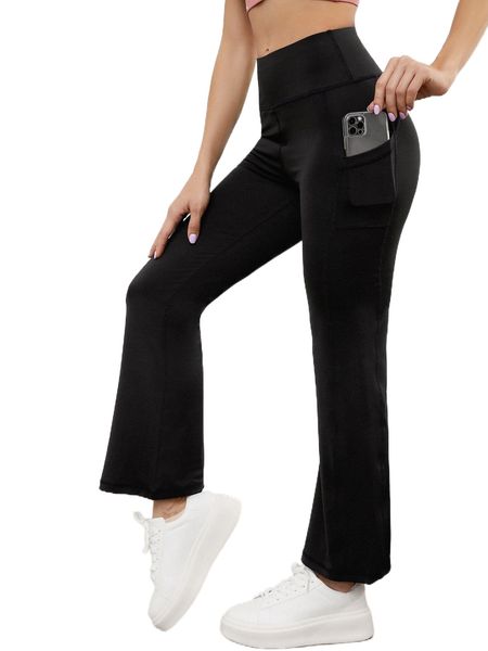 

solid wide waistband sports pants with phone pocket 40cv#, Gray