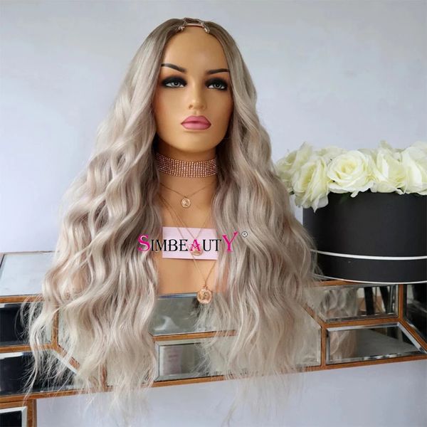 26 pollici lungo ombre beige biondo parte u parrucche capelli umani 200 densità radici castano chiaro 1x4 apertura parrucche a forma di v