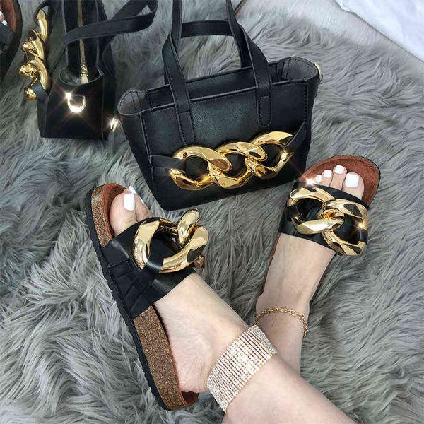 

chain slippers with handbags sets women's sandals printed shoes and bags luxury woman cork slides and purse y220621, Black