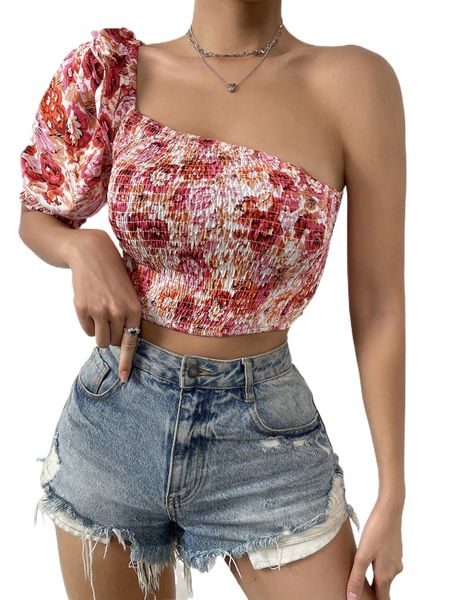 

allover floral print shirred one shoulder puff sleeve blouse b9bh#, White