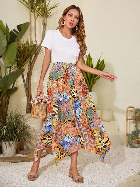 

patchwork print asymmetric hem skirt 57nm#, Black