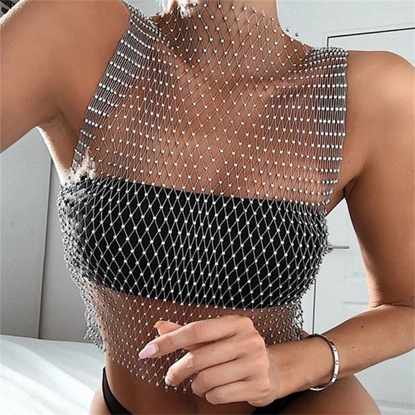 

shiny tank women see through grid patchwork hollow out sleeveless crop fashion clubwear lady s 220316, White