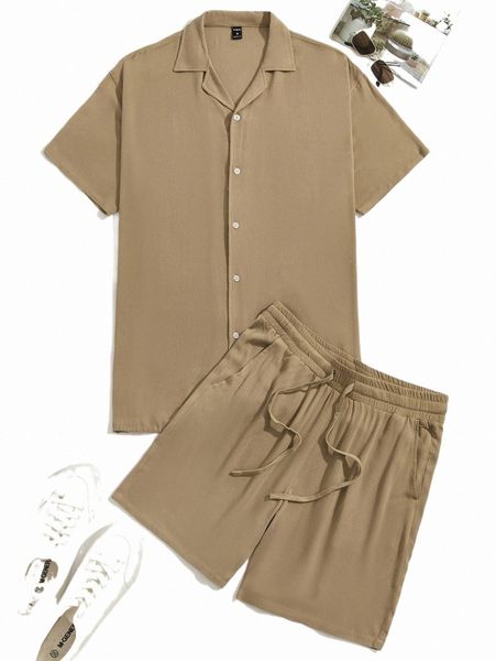 

men solid shirt & drawstring waist shorts q6fq#, Gray