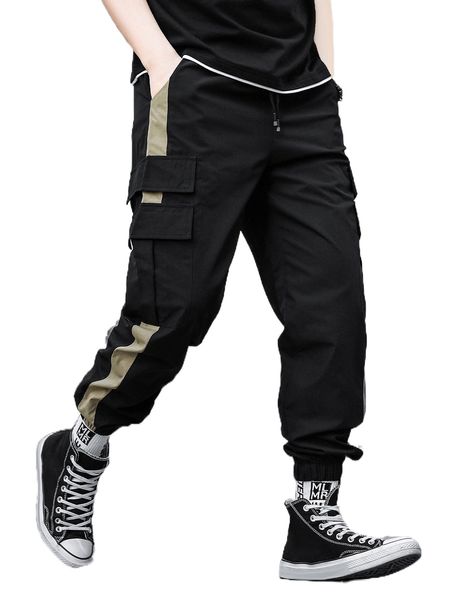 

men contrast side seam flap pocket side drawstring waist cargo pants l6gt#, Black