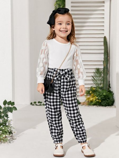 

toddler girls mesh insert puff sleeve tee & gingham bow front pants she, White