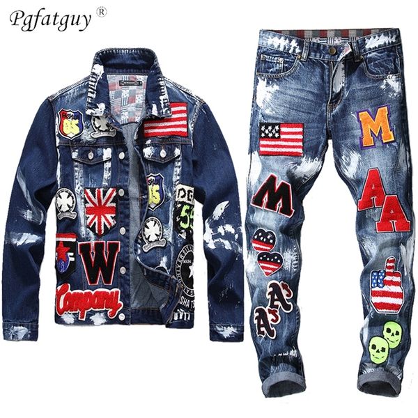 

embroidery patch design jacket jeans 2 piece set mens multibadge skull jeans sets slim denim jacket flag badge paint jeans 201118, Gray