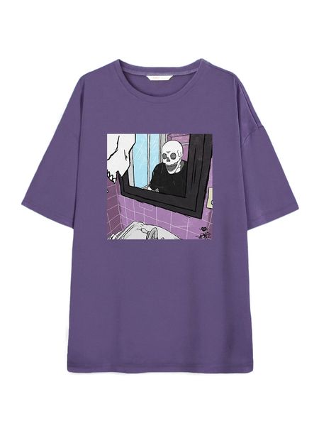 

romwe x pomoi skull graphic drop shoulder tee l81l#, White
