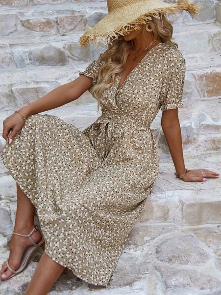 

ditsy floral overlap collar puff sleeve belted dress s8pd#, Black;gray