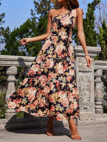 

floral print one shoulder knotted ruffle hem dress s1gr#, Black;gray