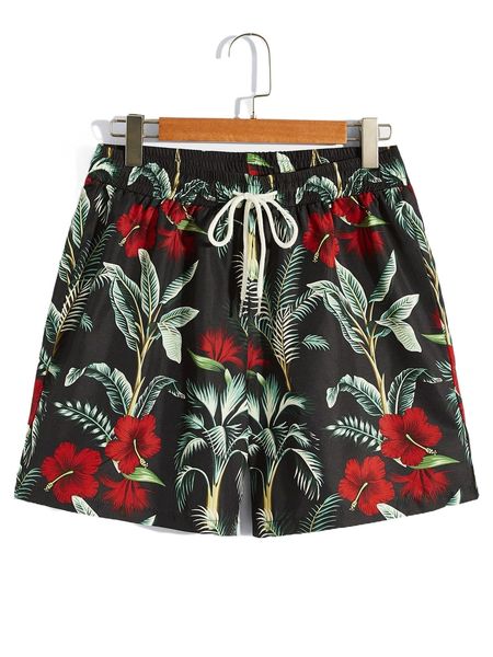 

men tropical print drawstring waist shorts l1z8#, White;black